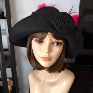 Arlin Black Wool Hat with Floral Accent